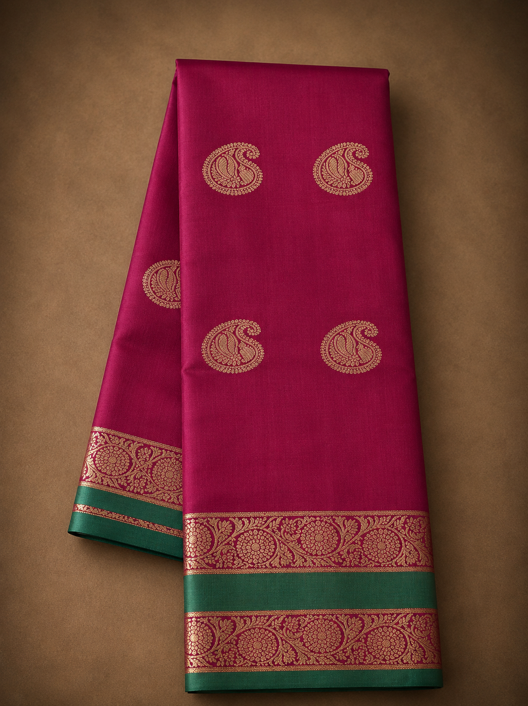 Cotton Soft Silk Saree Magenta mit grüner Bordüre