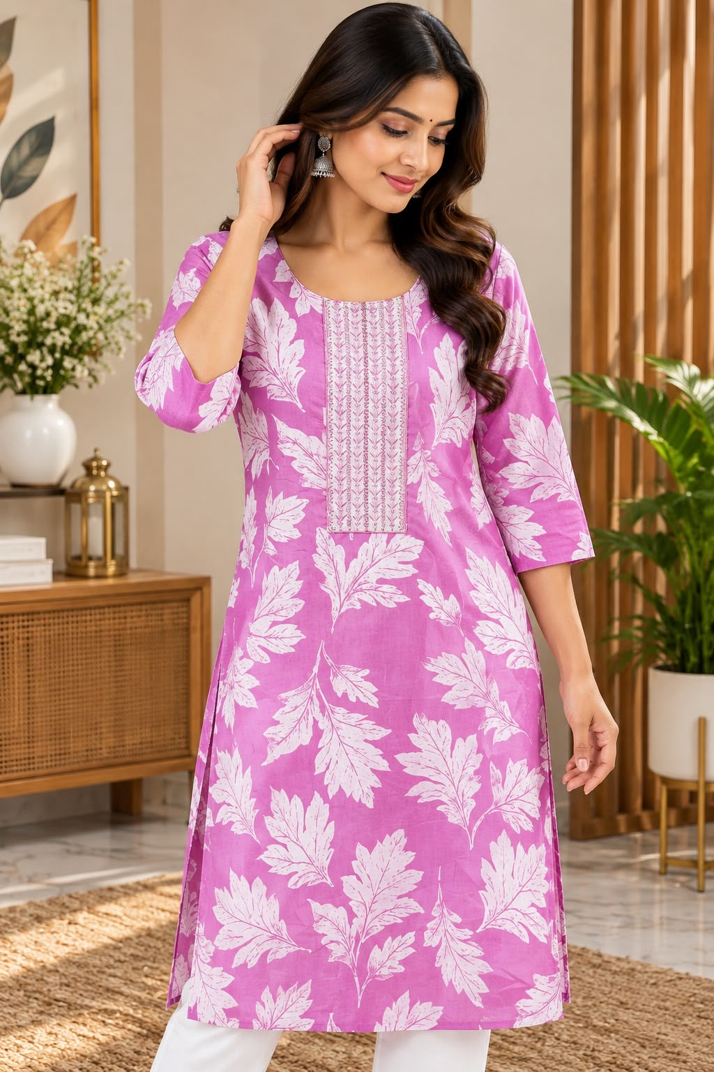 Lavender and White Leaf Print Kurti – L