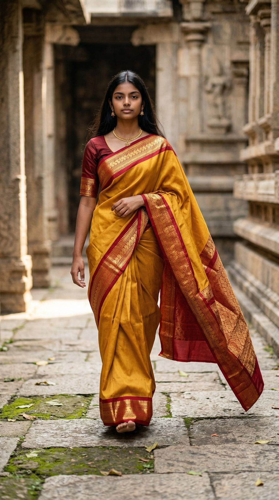 Kanjivaram Silk Saree – Mustard Yellow & Red