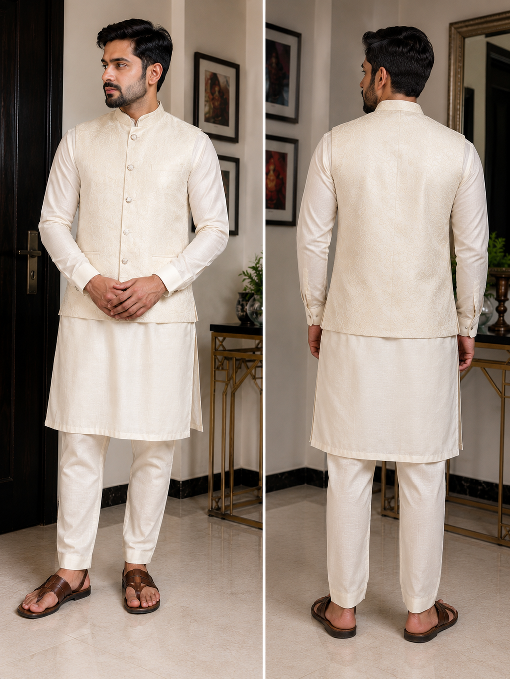 Ivory Jacquard Nehru Jacket Set M size