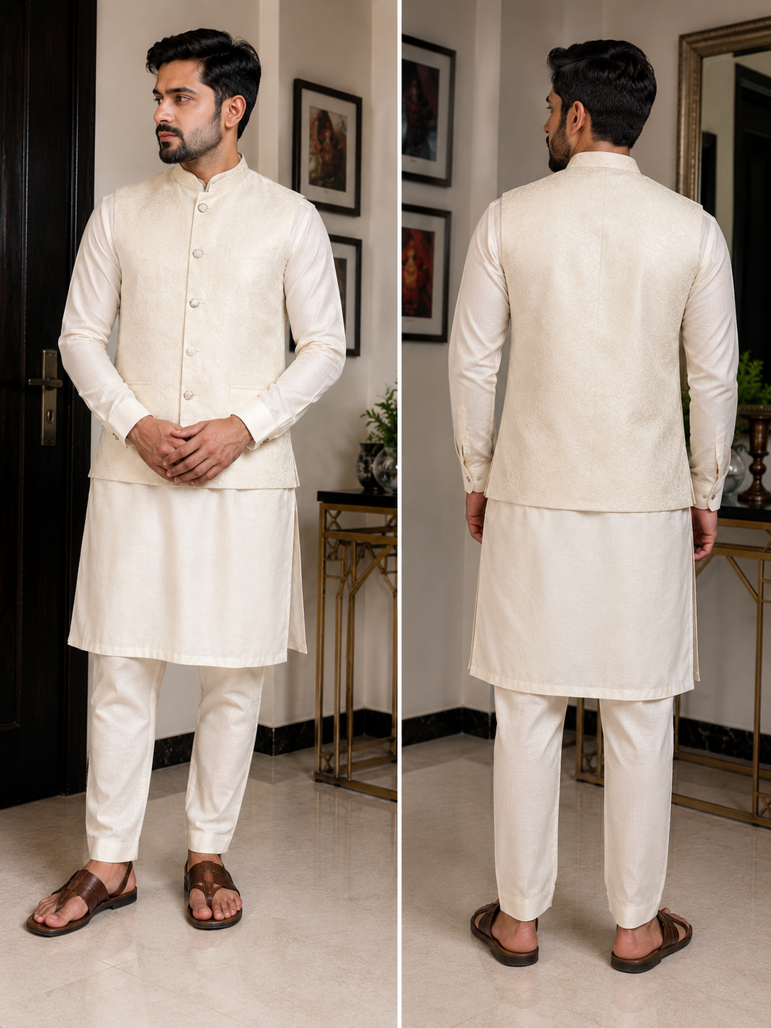 Ivory Jacquard Nehru Jacket Set M size