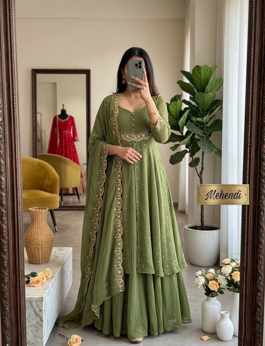 Sage Green Anarkali Sharara Set – Mehendi XL
