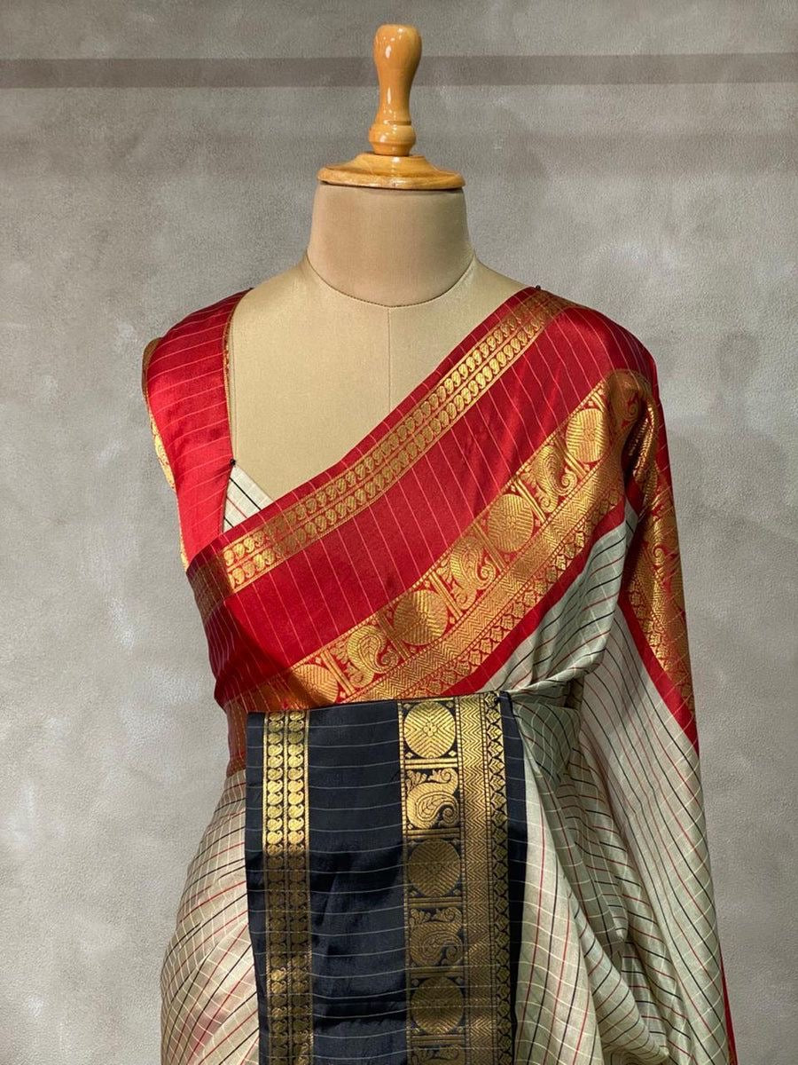 Trending Viral Collection Banarasi Semi Soft Saree – Ivory & Black
