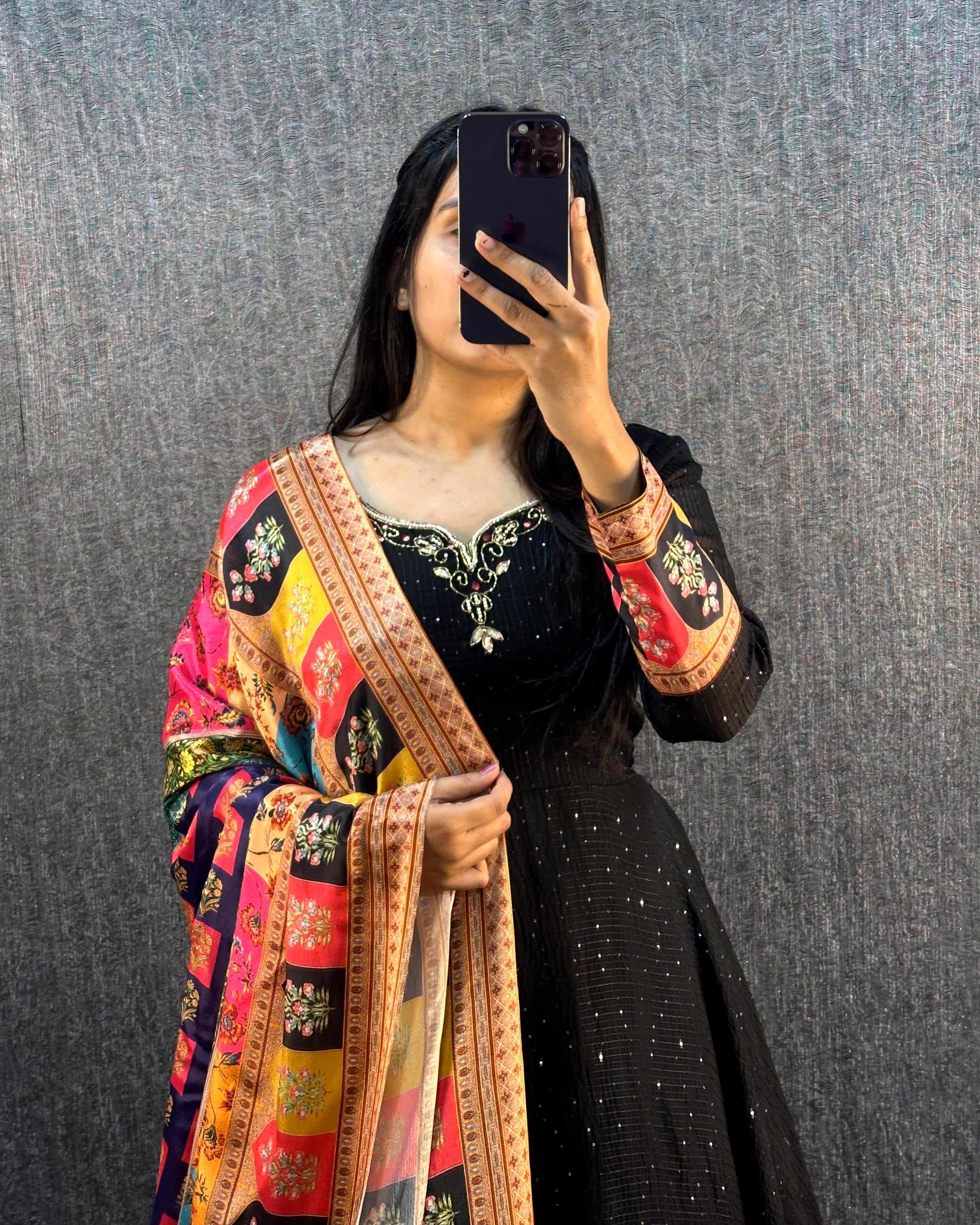 Black Sequin Anarkali Set with Multicolour Dupatta XL