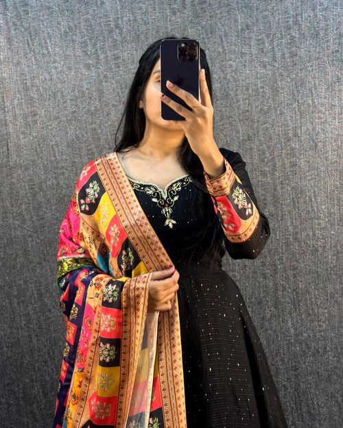 Black Sequin Anarkali Set with Multicolour Dupatta XL
