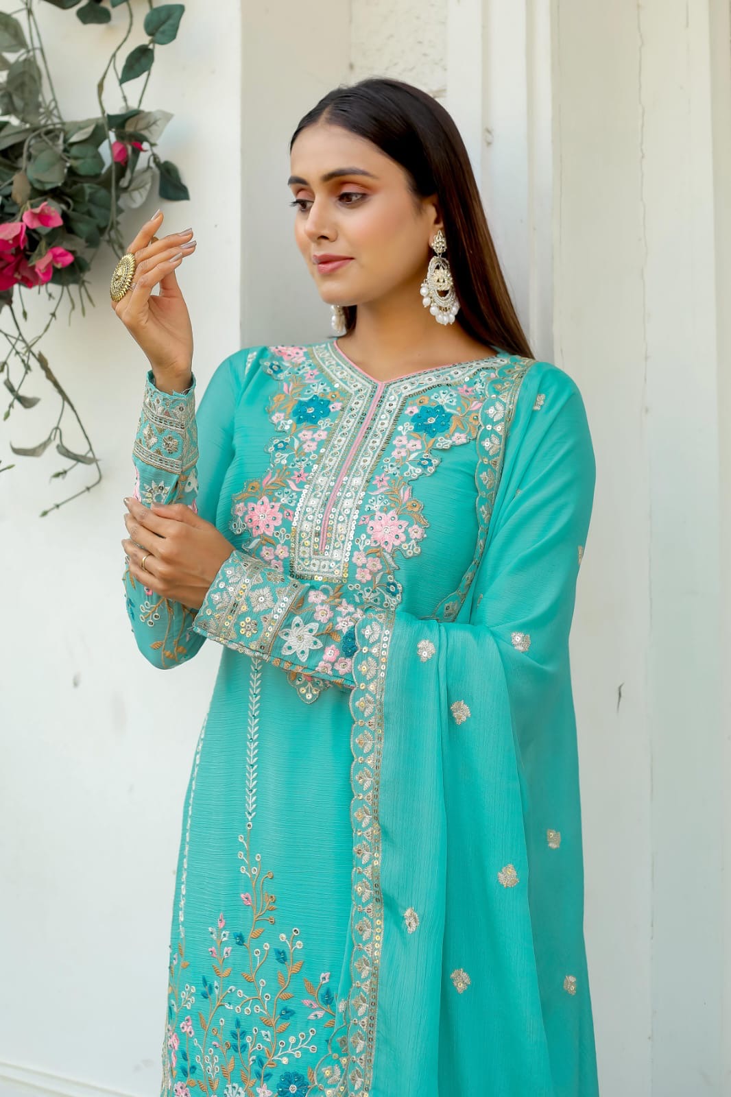 Turquoise Floral Embroidered Salwar XL