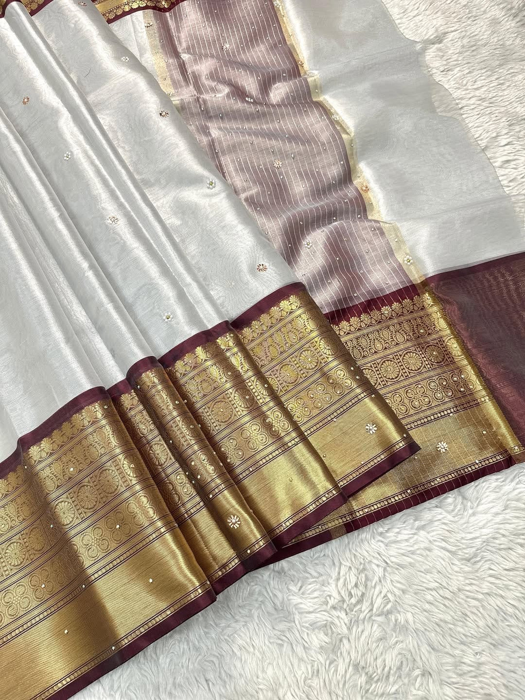 Banarasi Semi Soft Saree – White with Maroon & Gold Zari Border