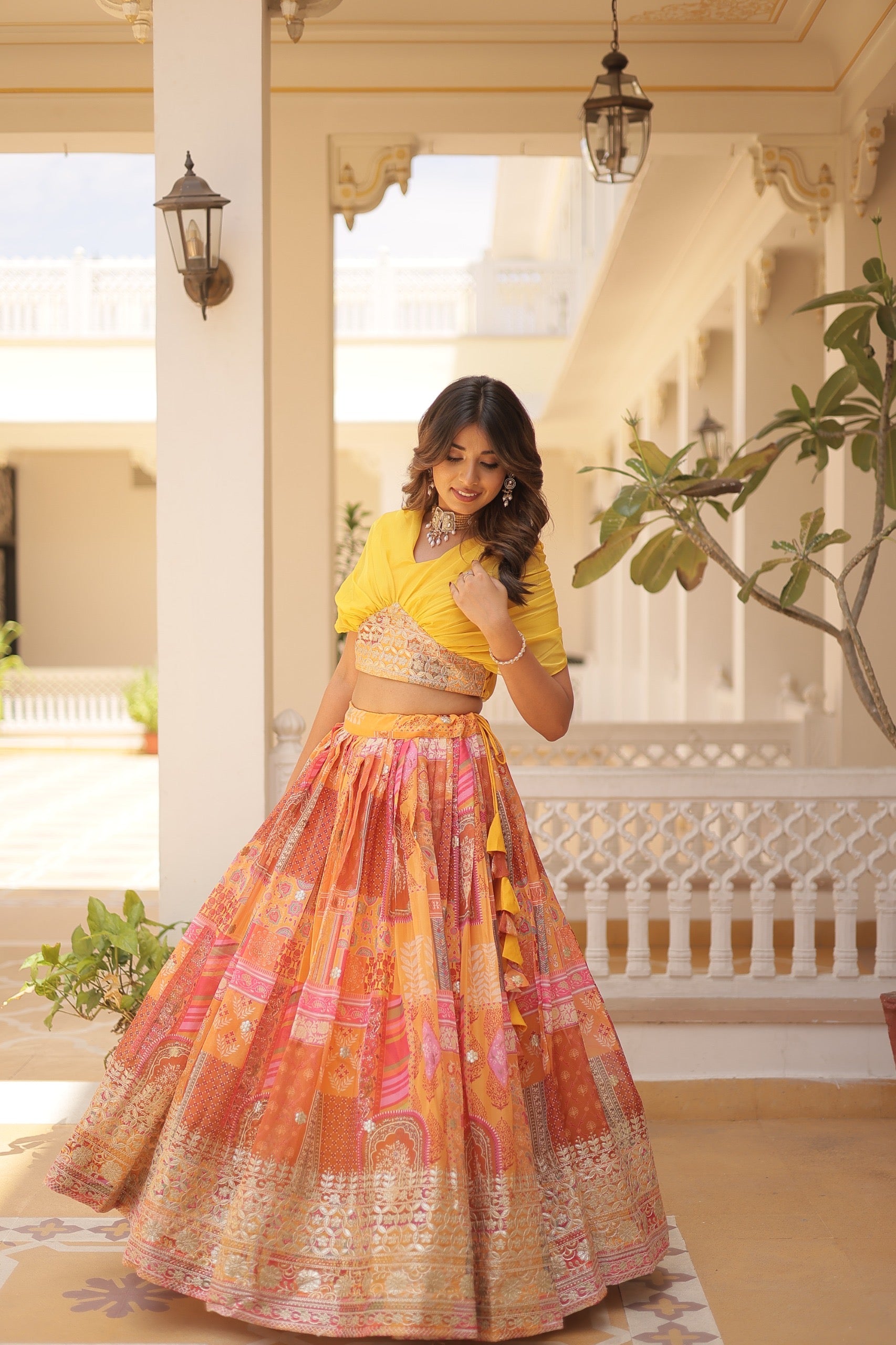 Yellow & Multicolor Lehenga Choli Set M size
