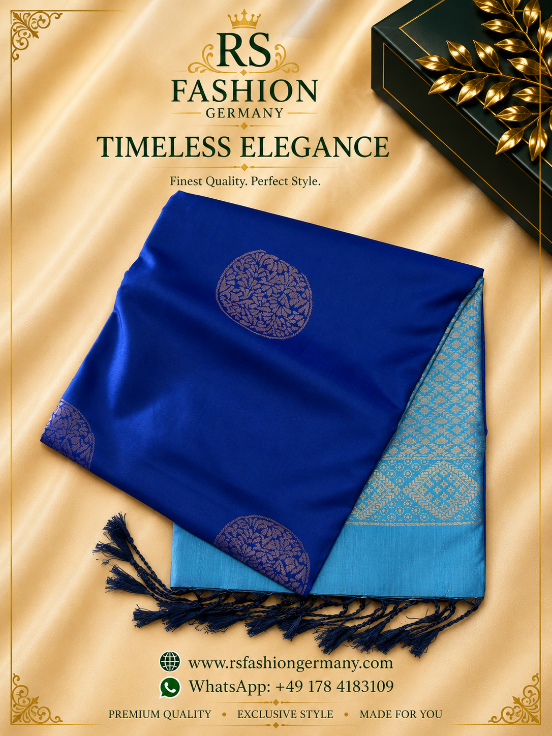 Zachte zijden sari – blauw/lichtblauw met goud