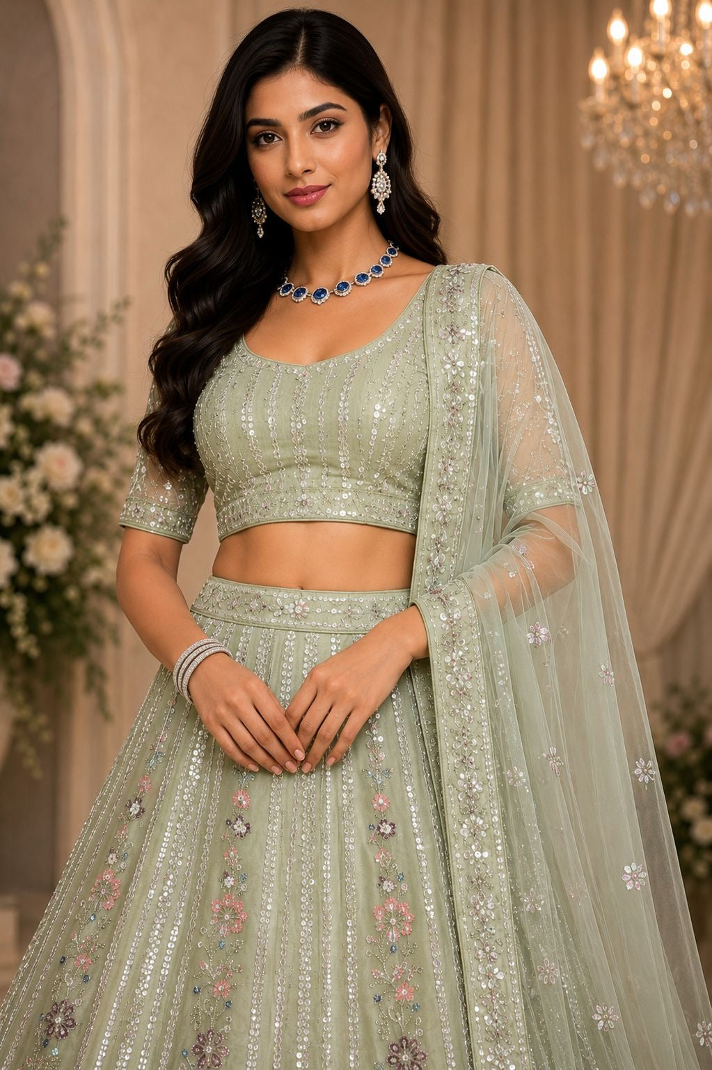 Mint Green Embroidered Lehenga Set (Unstitched Blouse)