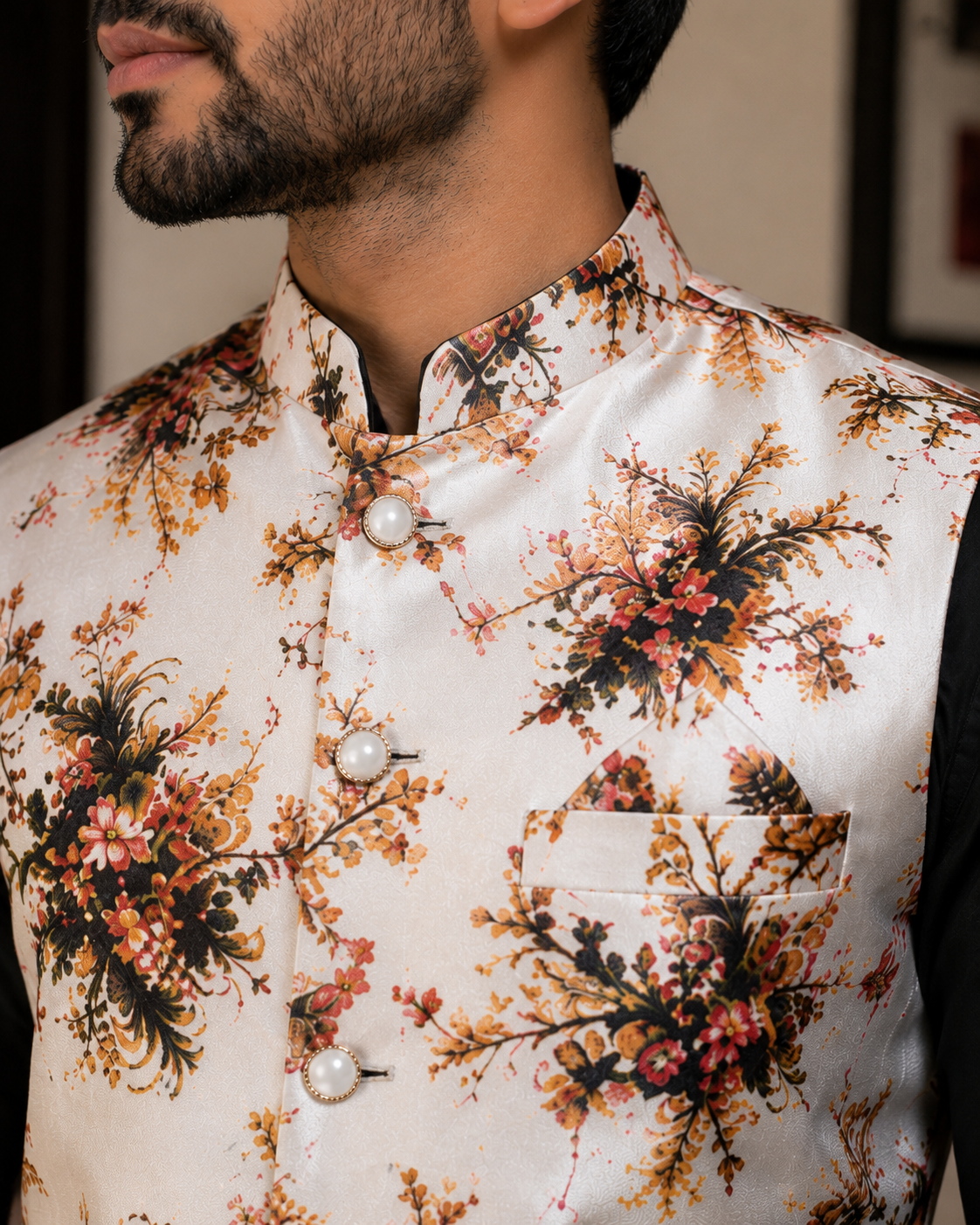 Floral Nehru Jacket – Cream