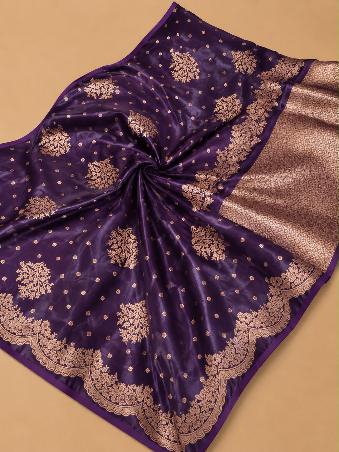 Purple Banarasi Silk Saree with Rose Gold Zari Floral Bouquet Weaving
