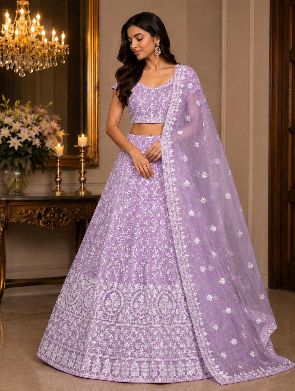 Lavender Embroidered Lehenga Set Unstiched blouse