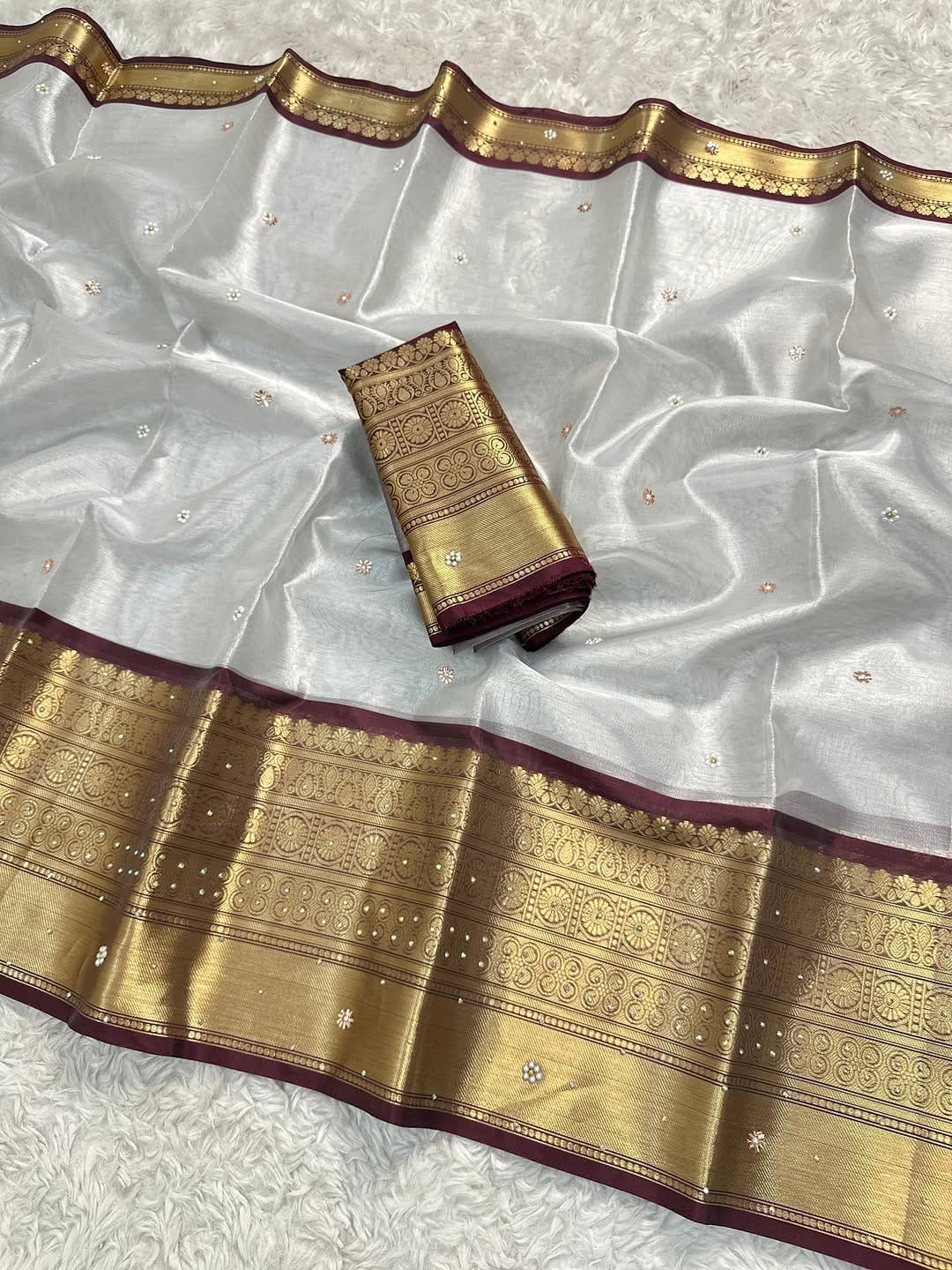 Banarasi Semi Soft Saree – White with Maroon & Gold Zari Border