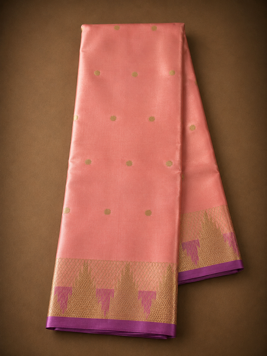 Cotton Soft Silk Saree Lachs mit lila Bordüre