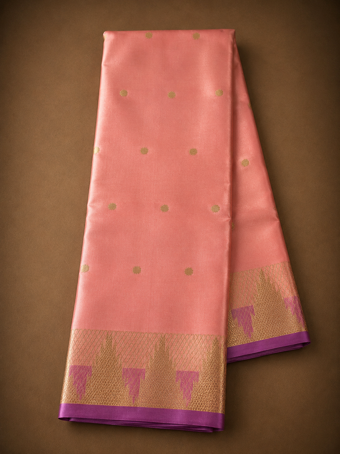 Cotton Soft Silk Saree Lachs mit lila Bordüre