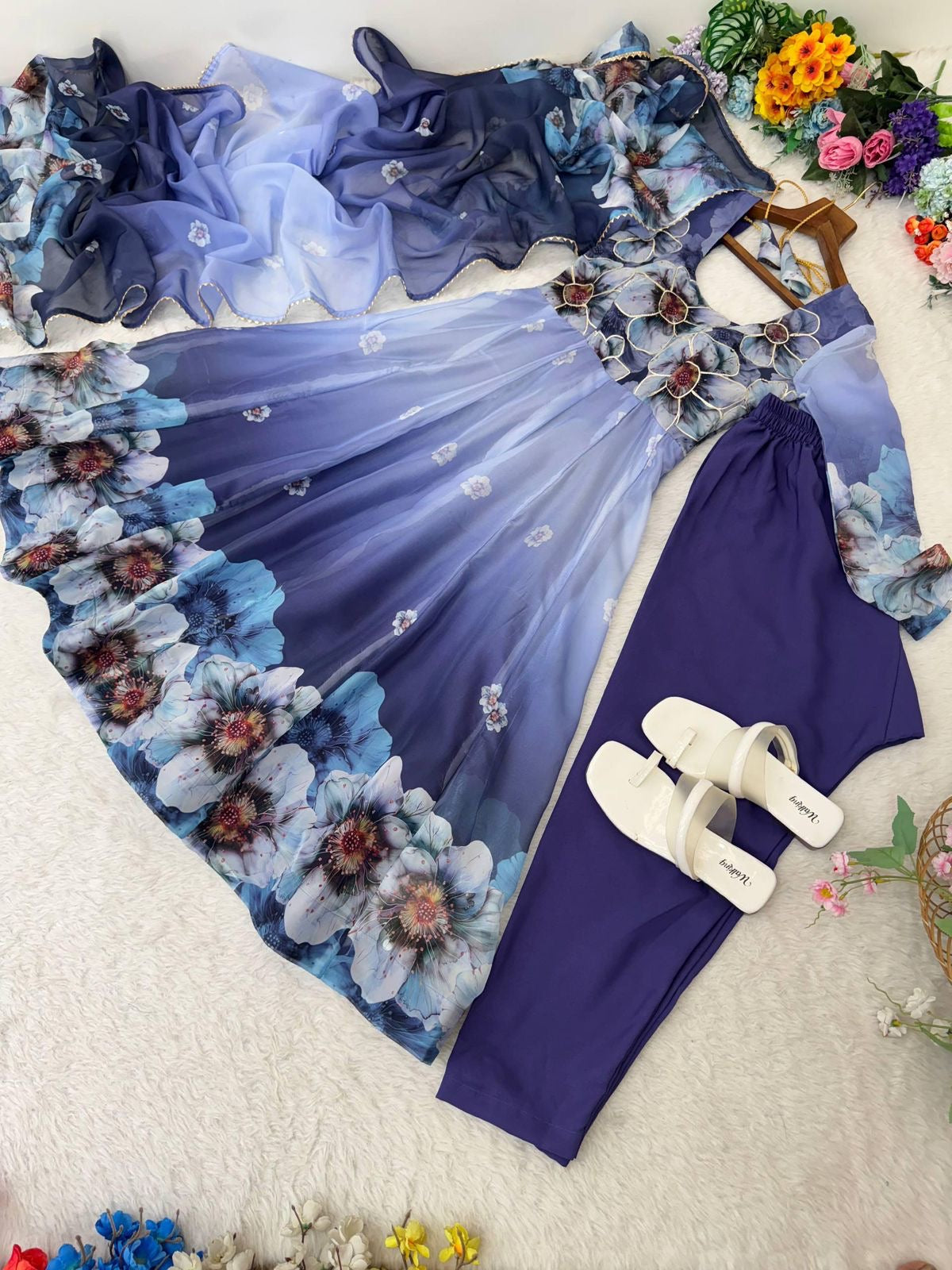 Blue Floral Anarkali Size L