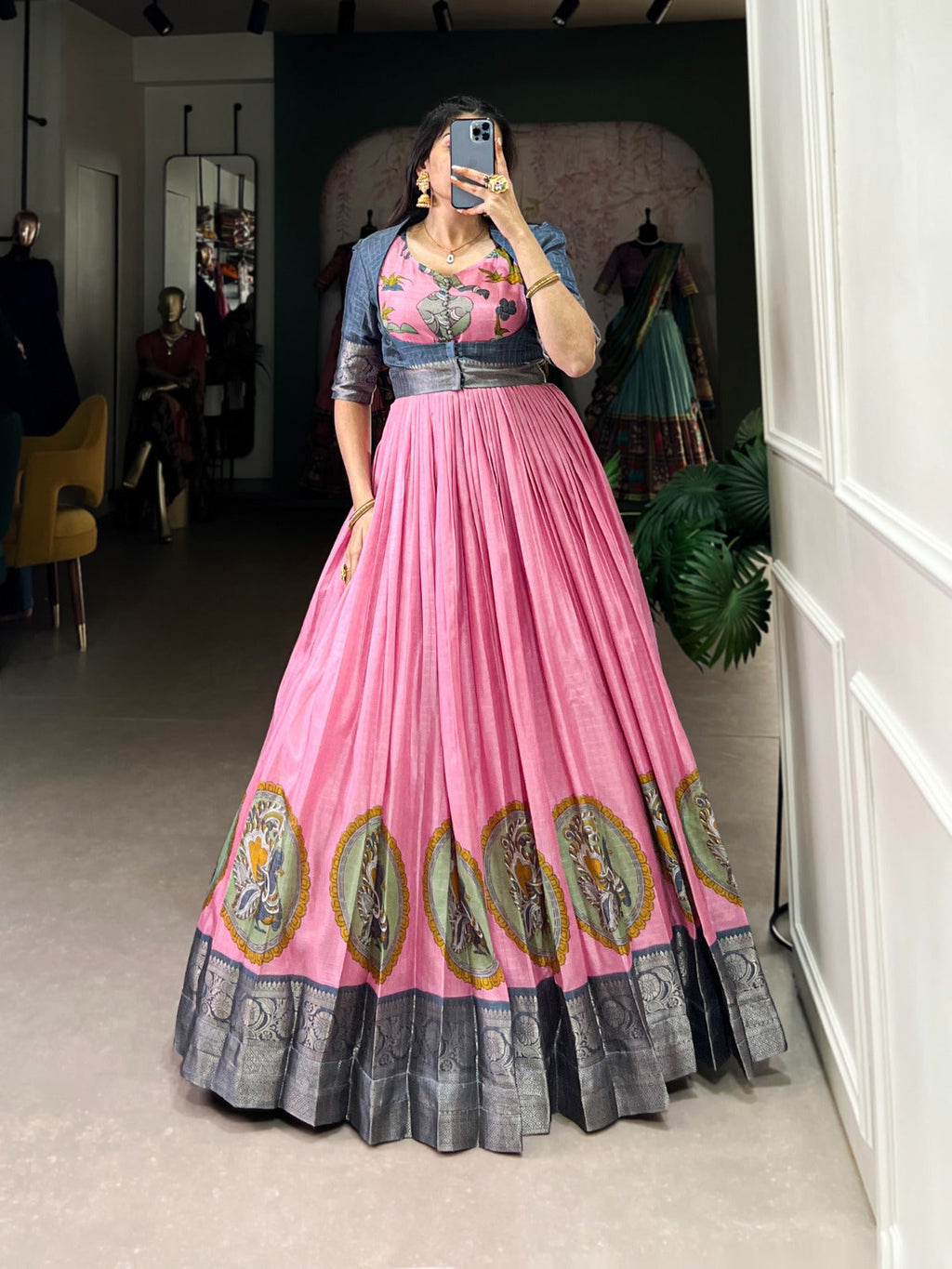 Pink Kalamkari Lehenga with Blue Silk Blouse