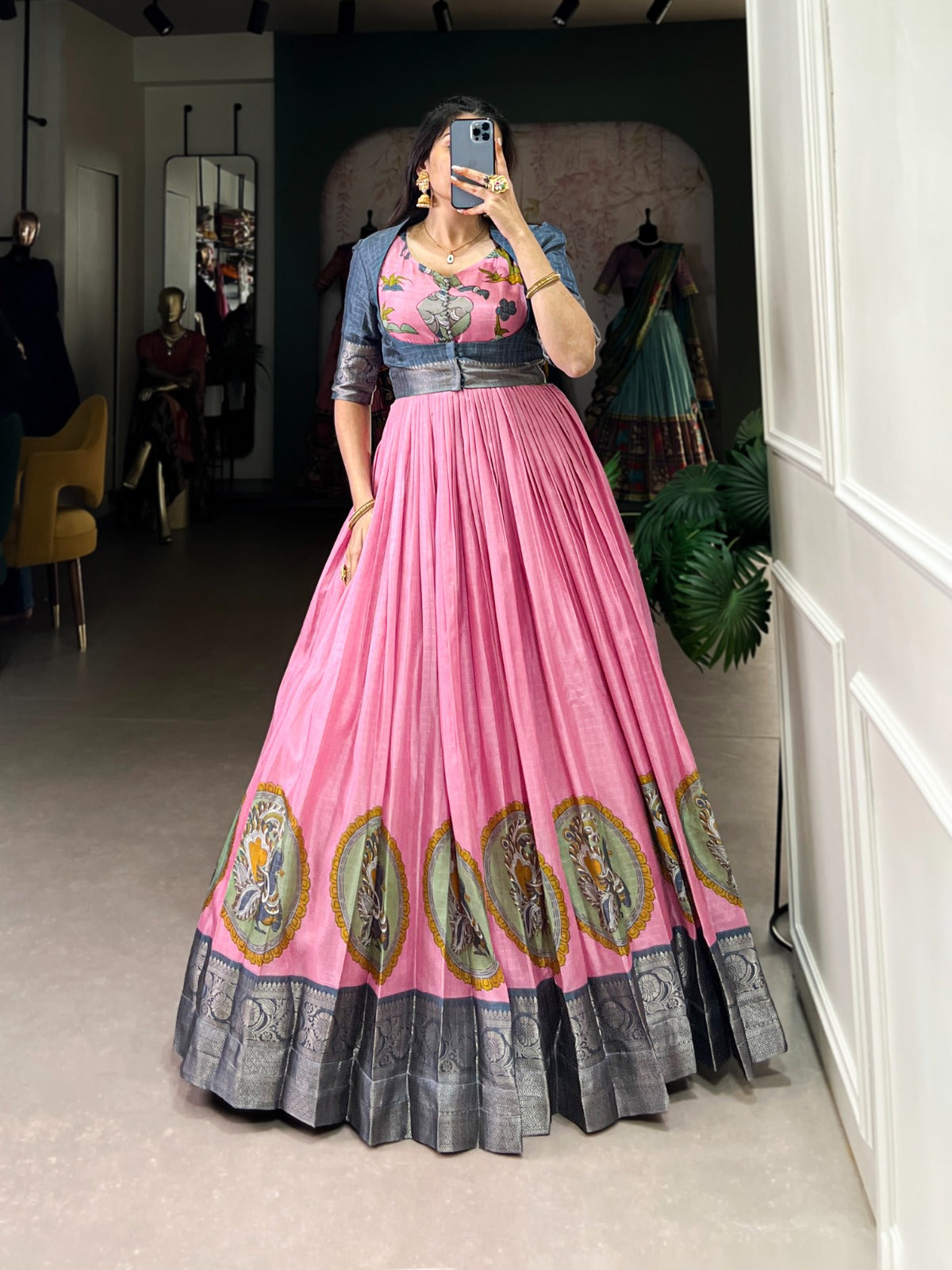 Pink Kalamkari Lehenga with Blue Silk Blouse
