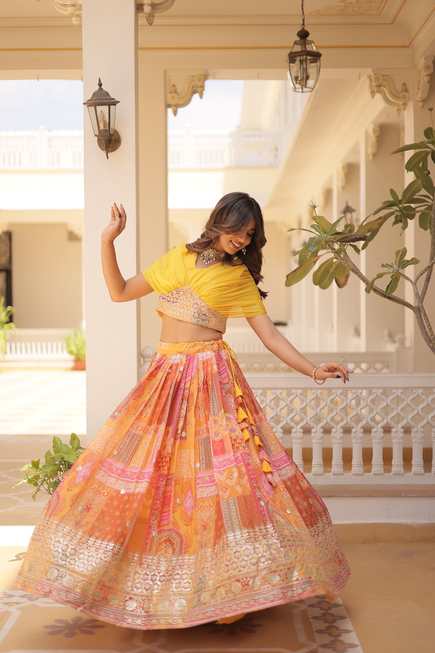 Yellow & Multicolor Lehenga Choli Set M size
