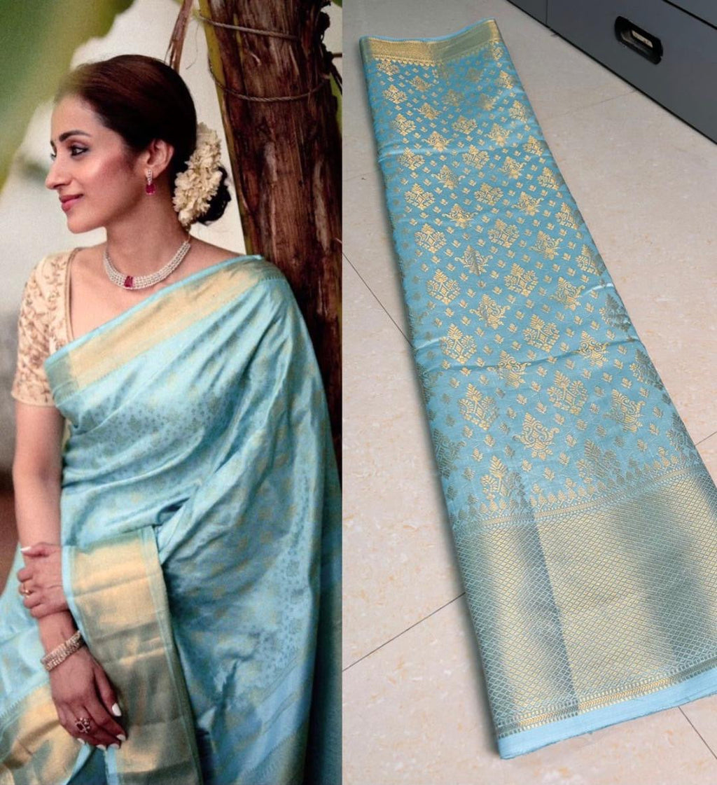 Trending Viral Banarasi Semi Soft Saree – Sky Blue with Gold Zari