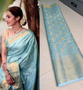 Trending Viral Banarasi Semi Soft Saree – Sky Blue with Gold Zari