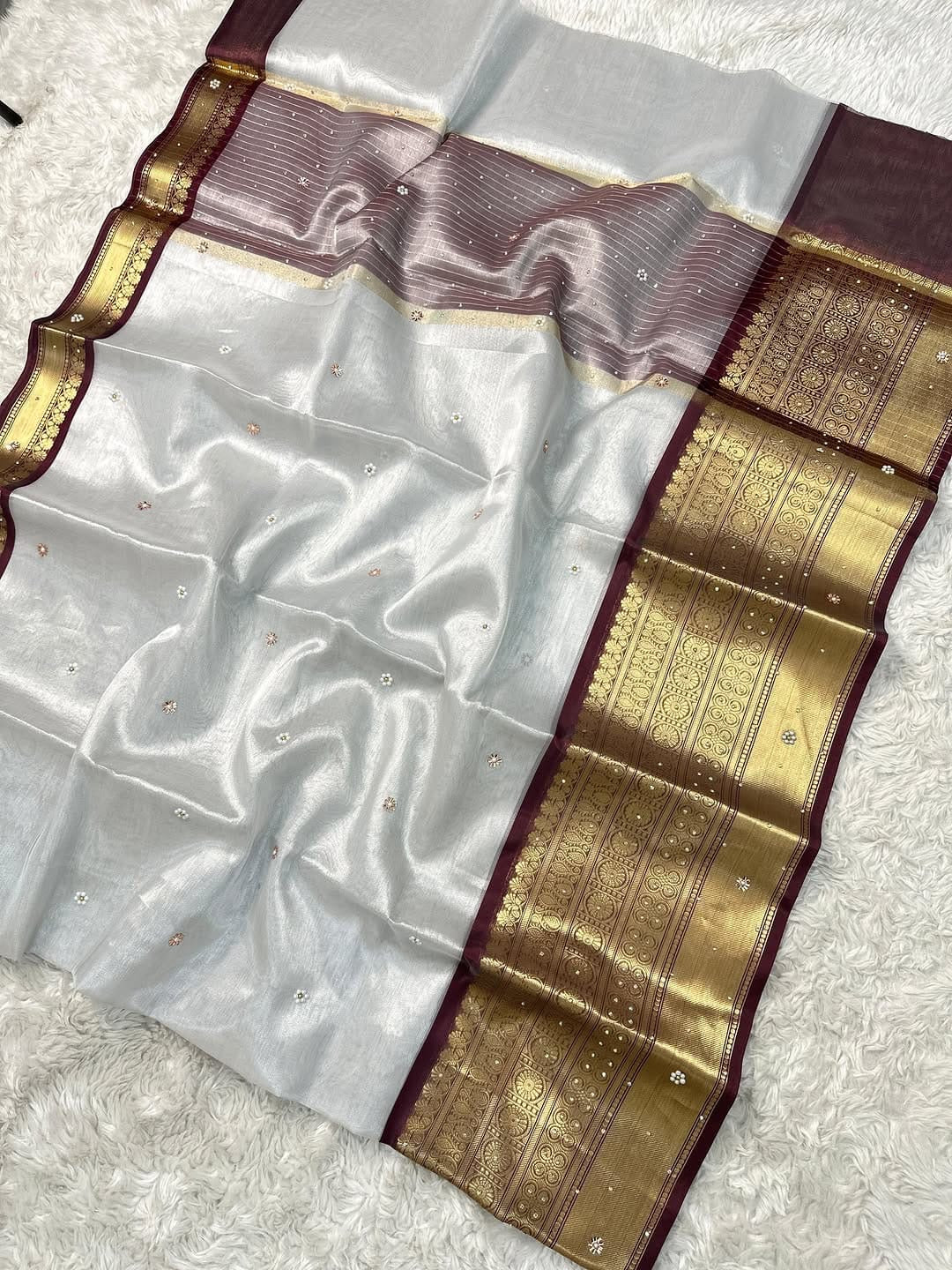 Banarasi Semi Soft Saree – White with Maroon & Gold Zari Border