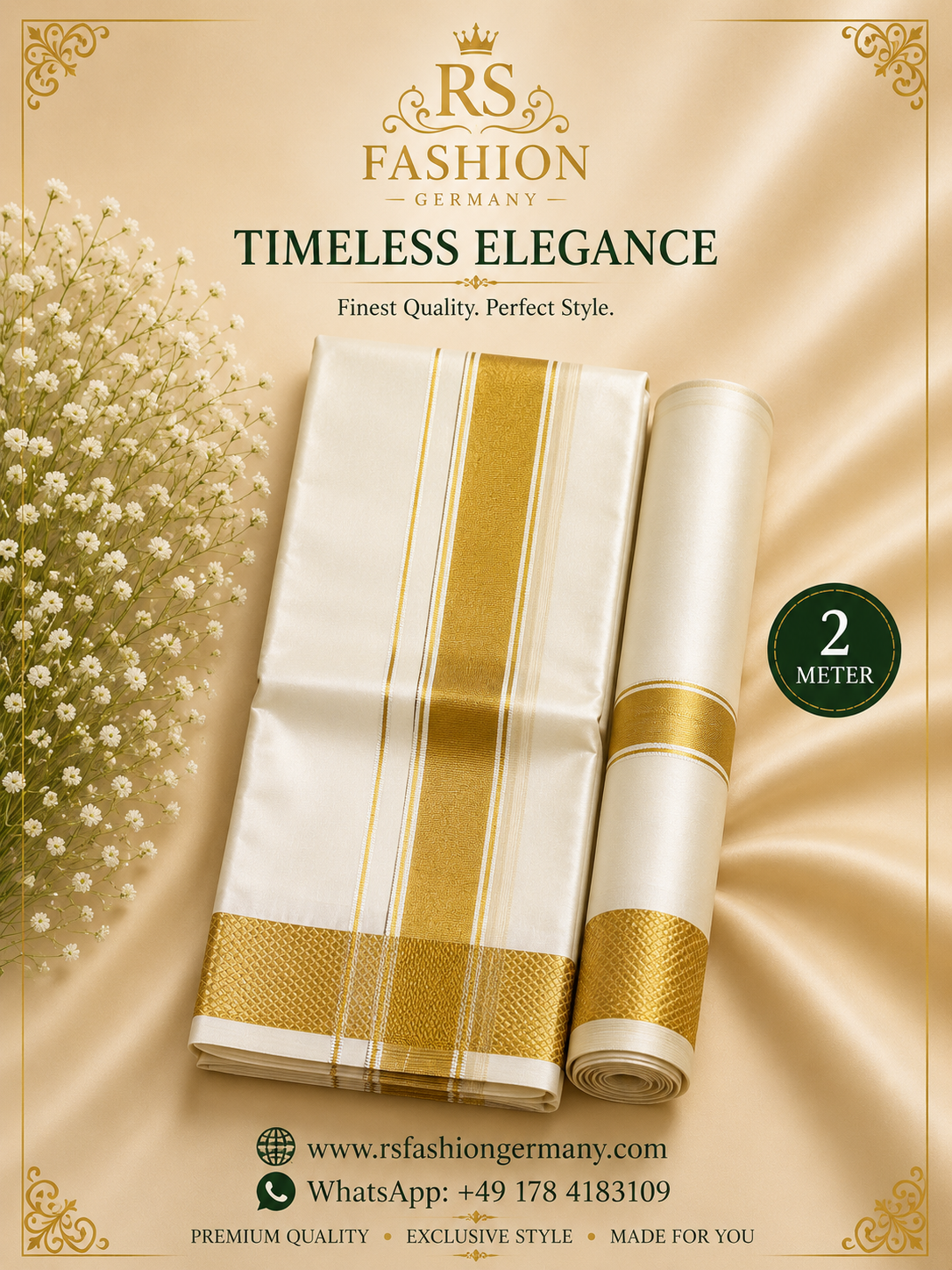 Zijden Veshti Sjaal – Wit/Goud 2 Meter