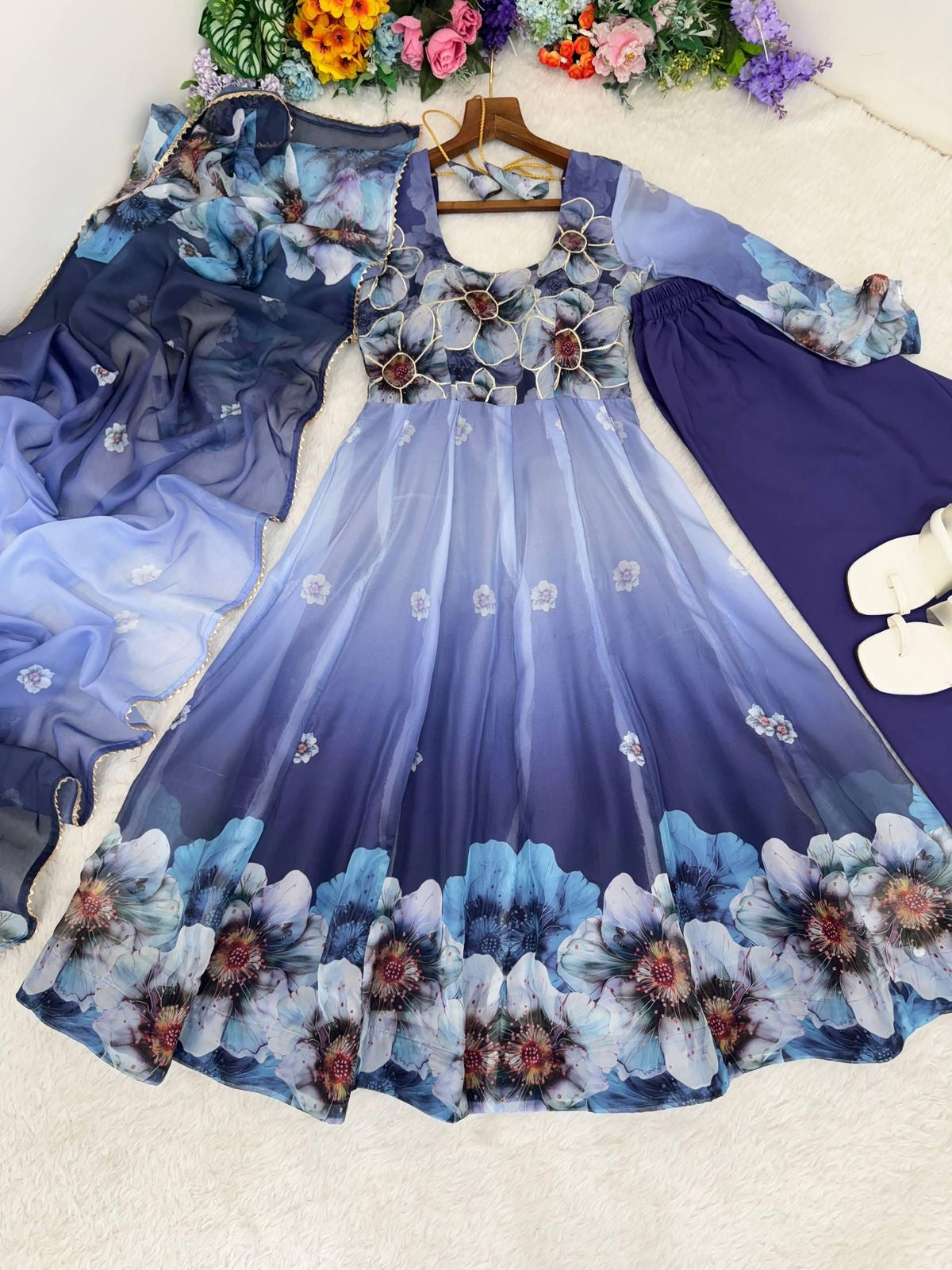 Blue Floral Anarkali Size L