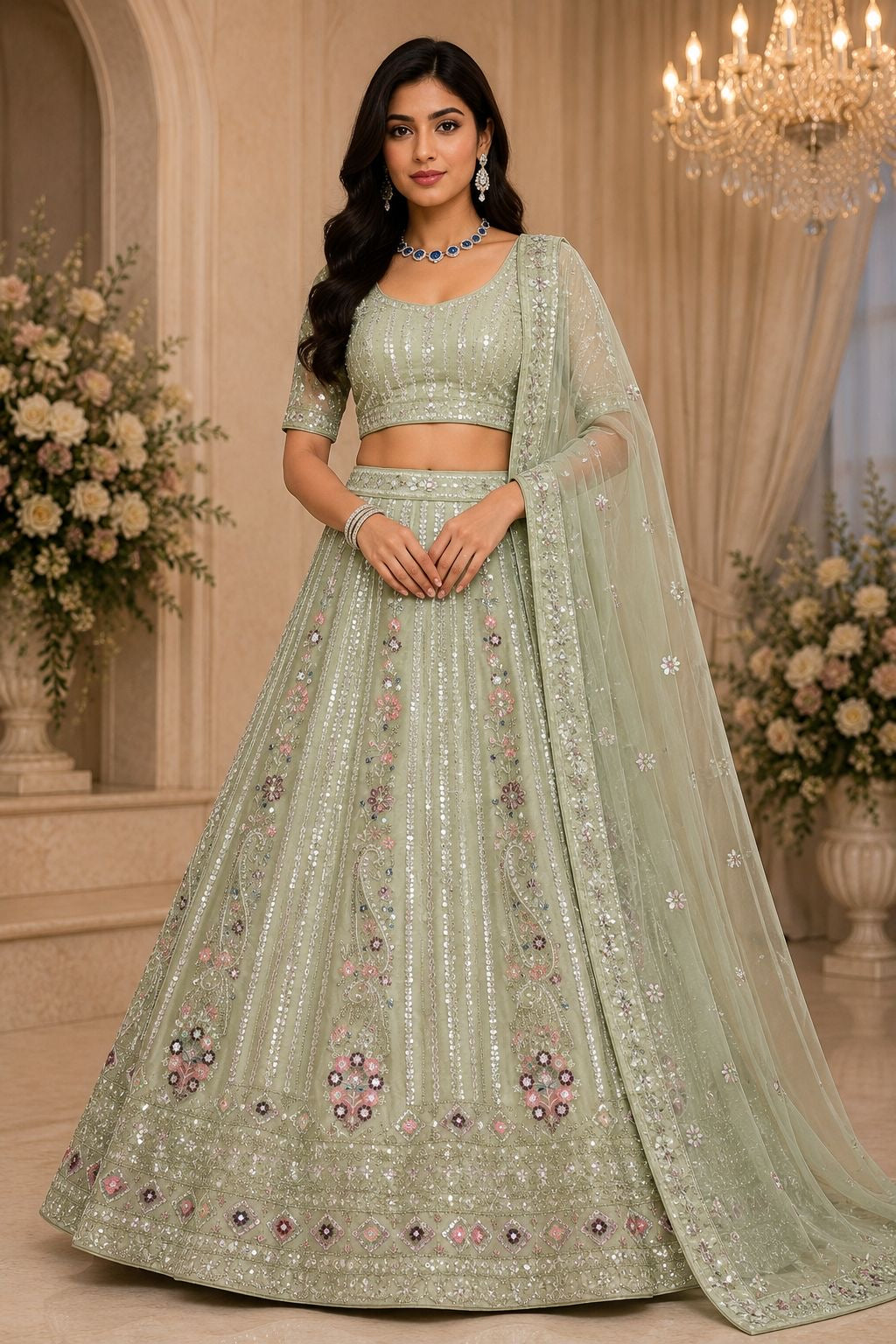 Mint Green Embroidered Lehenga Set (Unstitched Blouse)