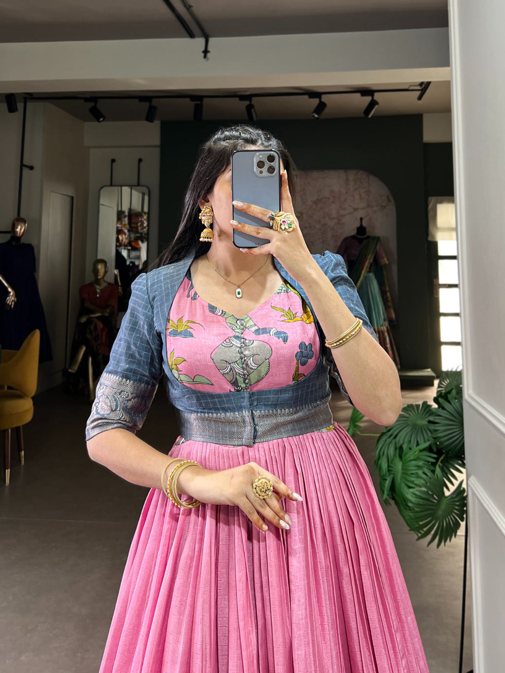 Pink Kalamkari Lehenga with Blue Silk Blouse