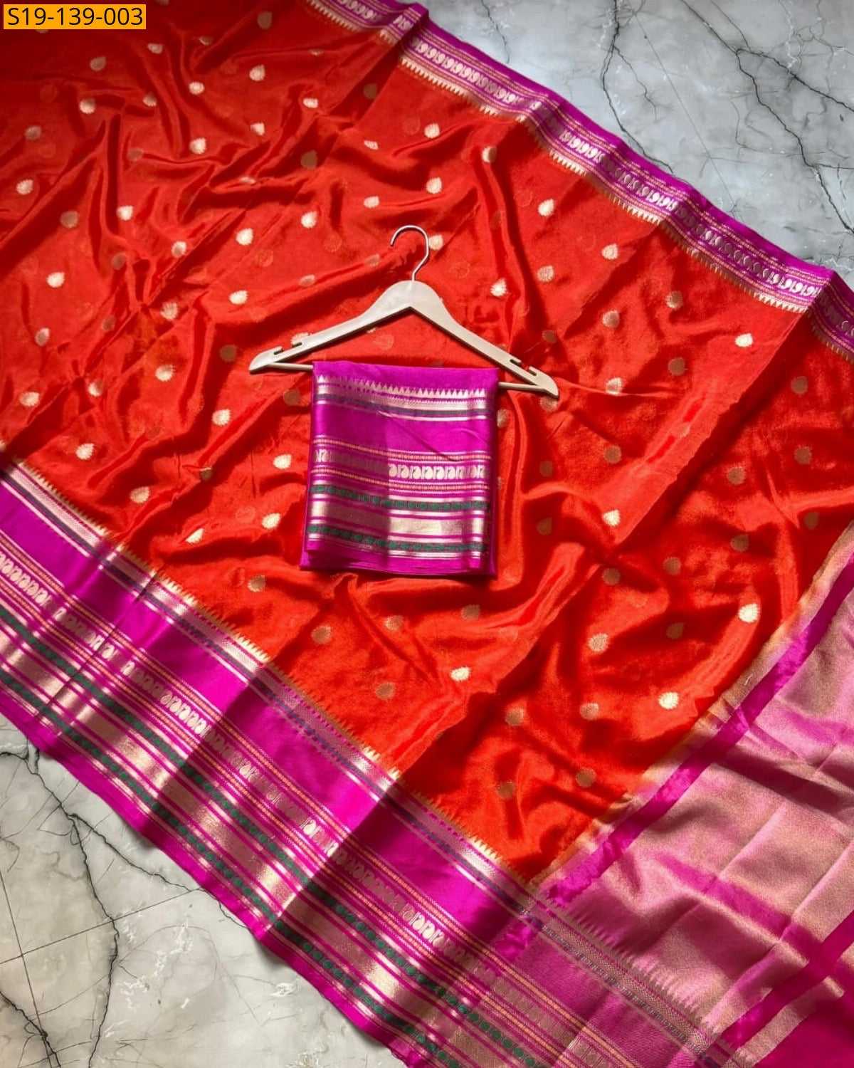 Red Silk Saree with Magenta & Gold Zari Border