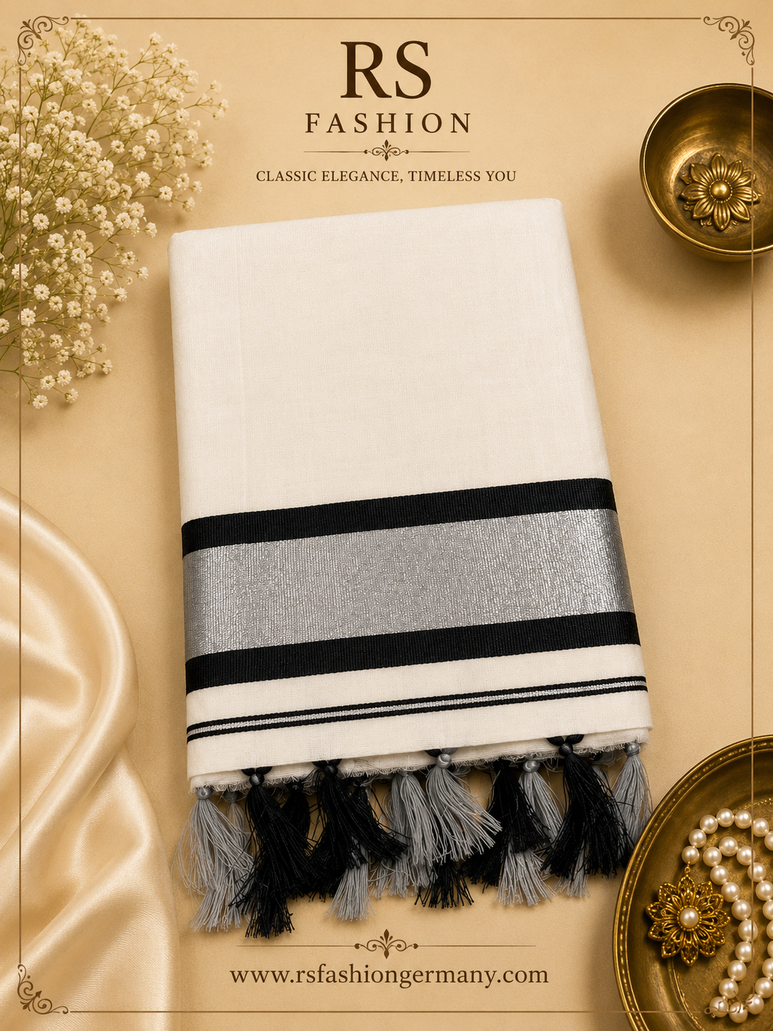 Kerala Saree – Wit/Zwart-Zilver