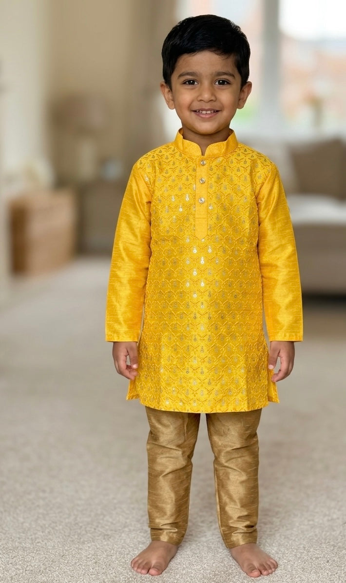 Boys Yellow Embroidered Kurta Set