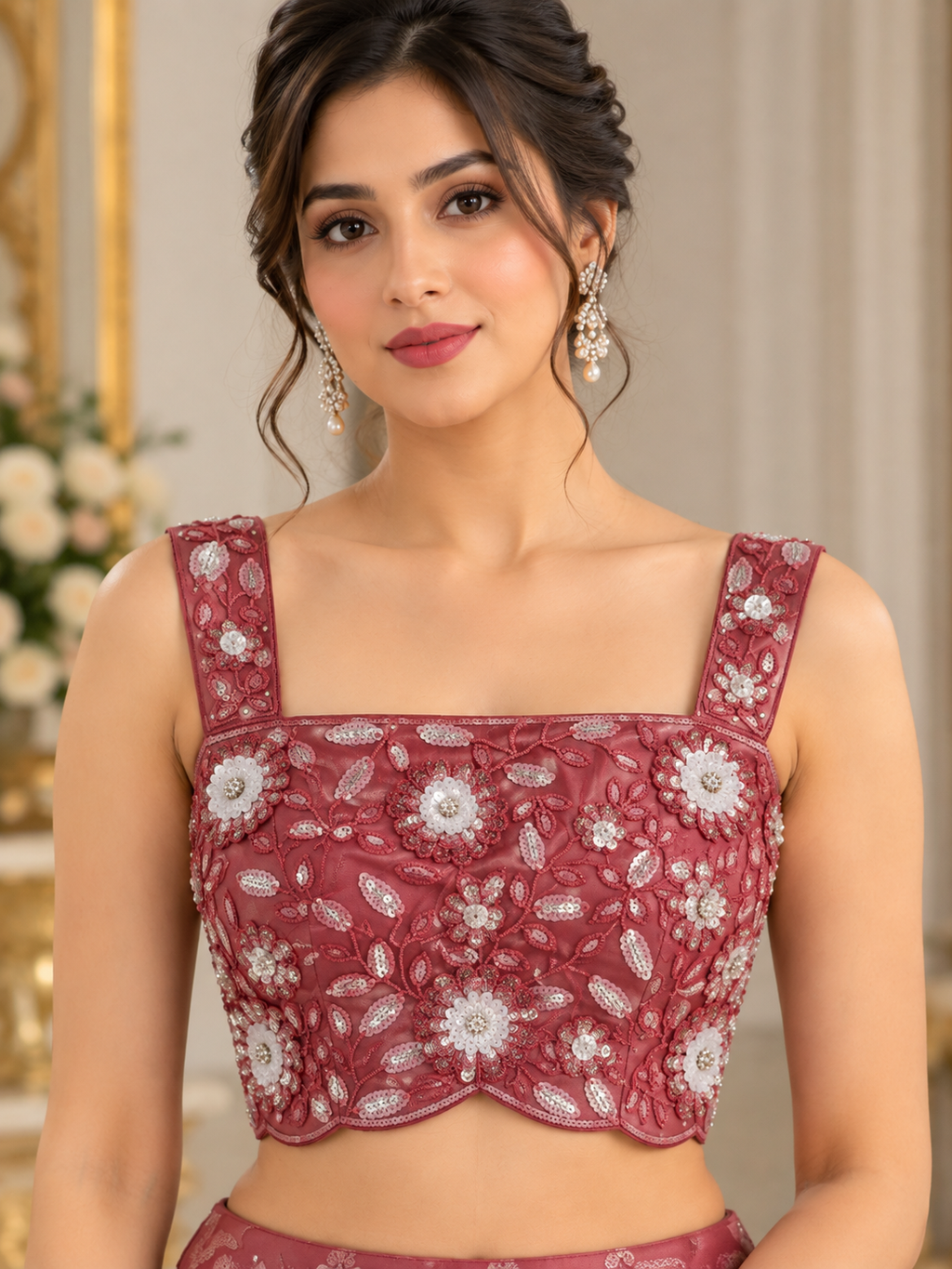 Bordeauxrotes Lehenga-Set mit floraler Paillettenbluse und Schal ready made
