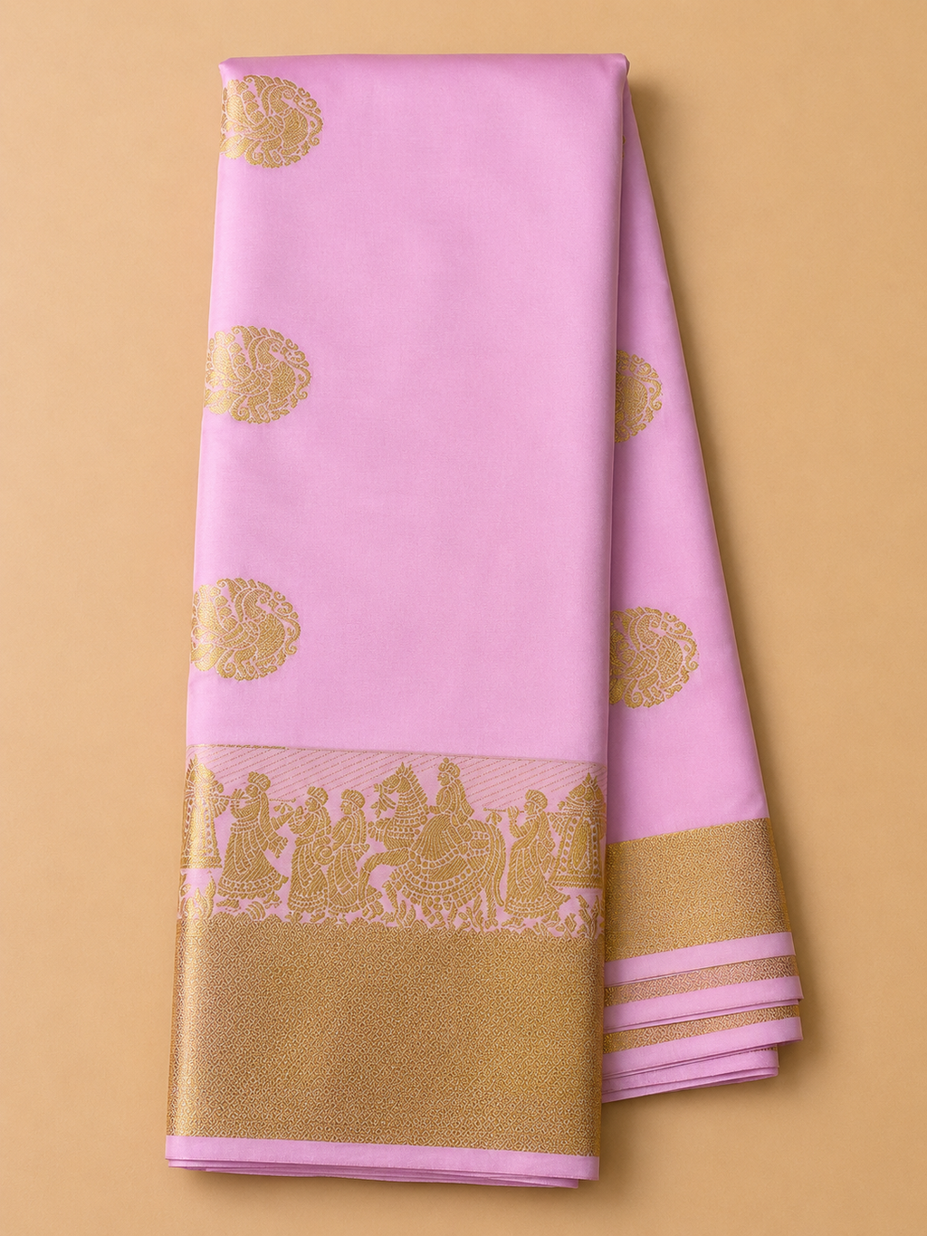 Soft Silk Saree – Pink with Gold Pallaku Design