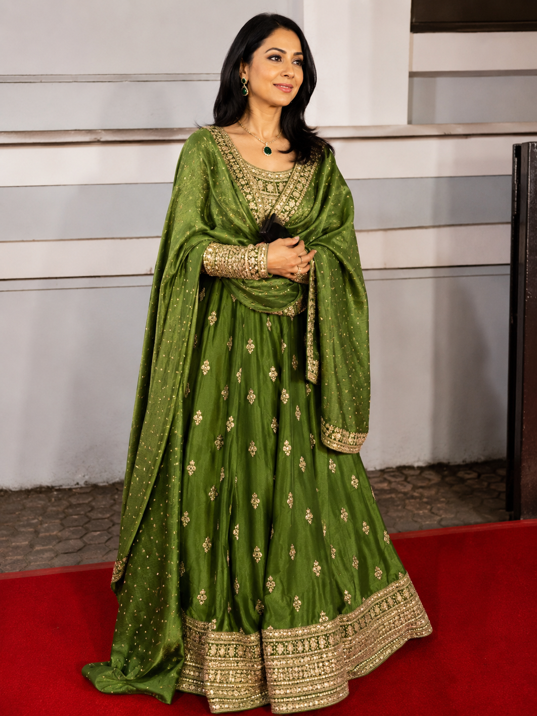 Green Silk Embroidered Anarkali Set L size major to XL