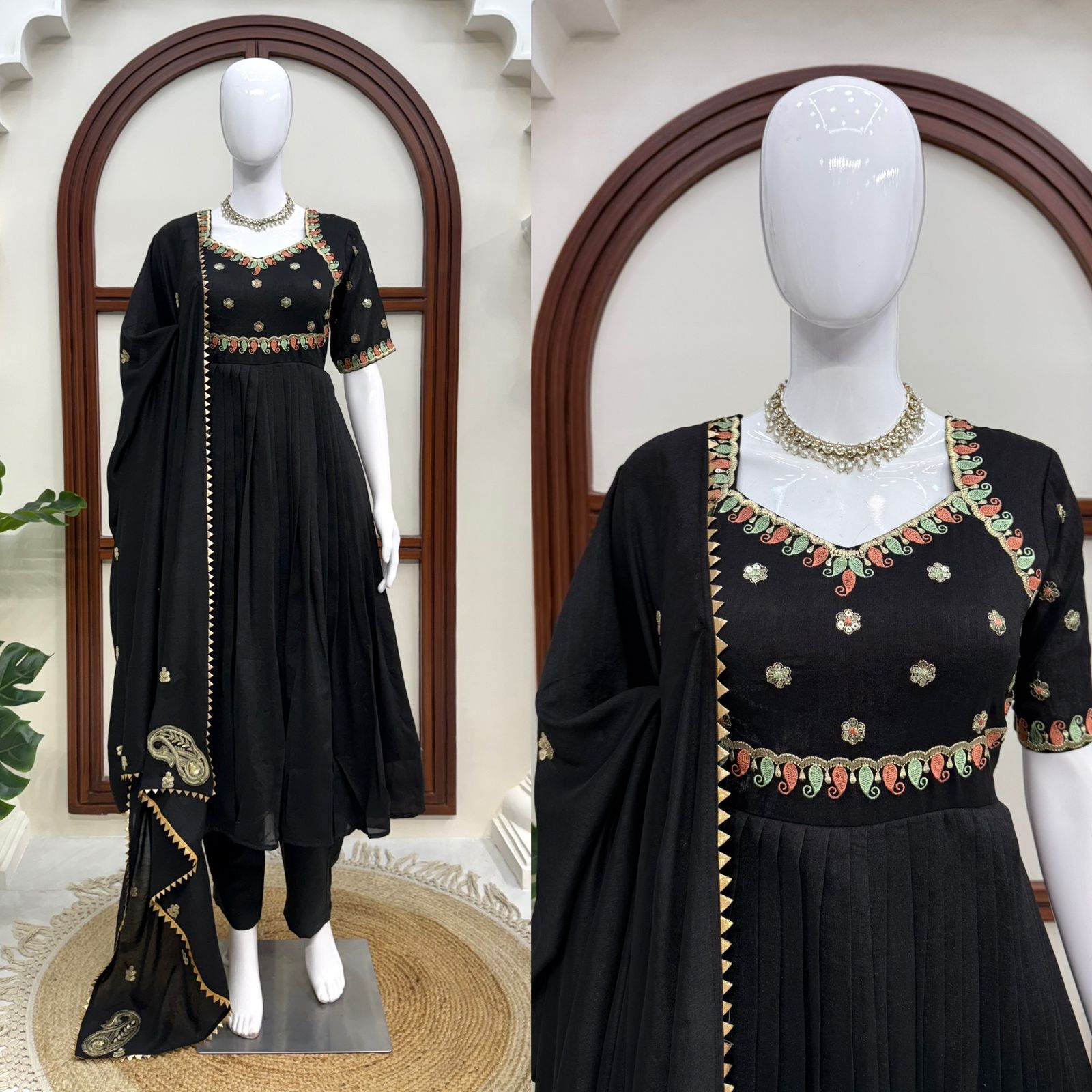 Schwarzes Vichitra Silk Gown-XXL