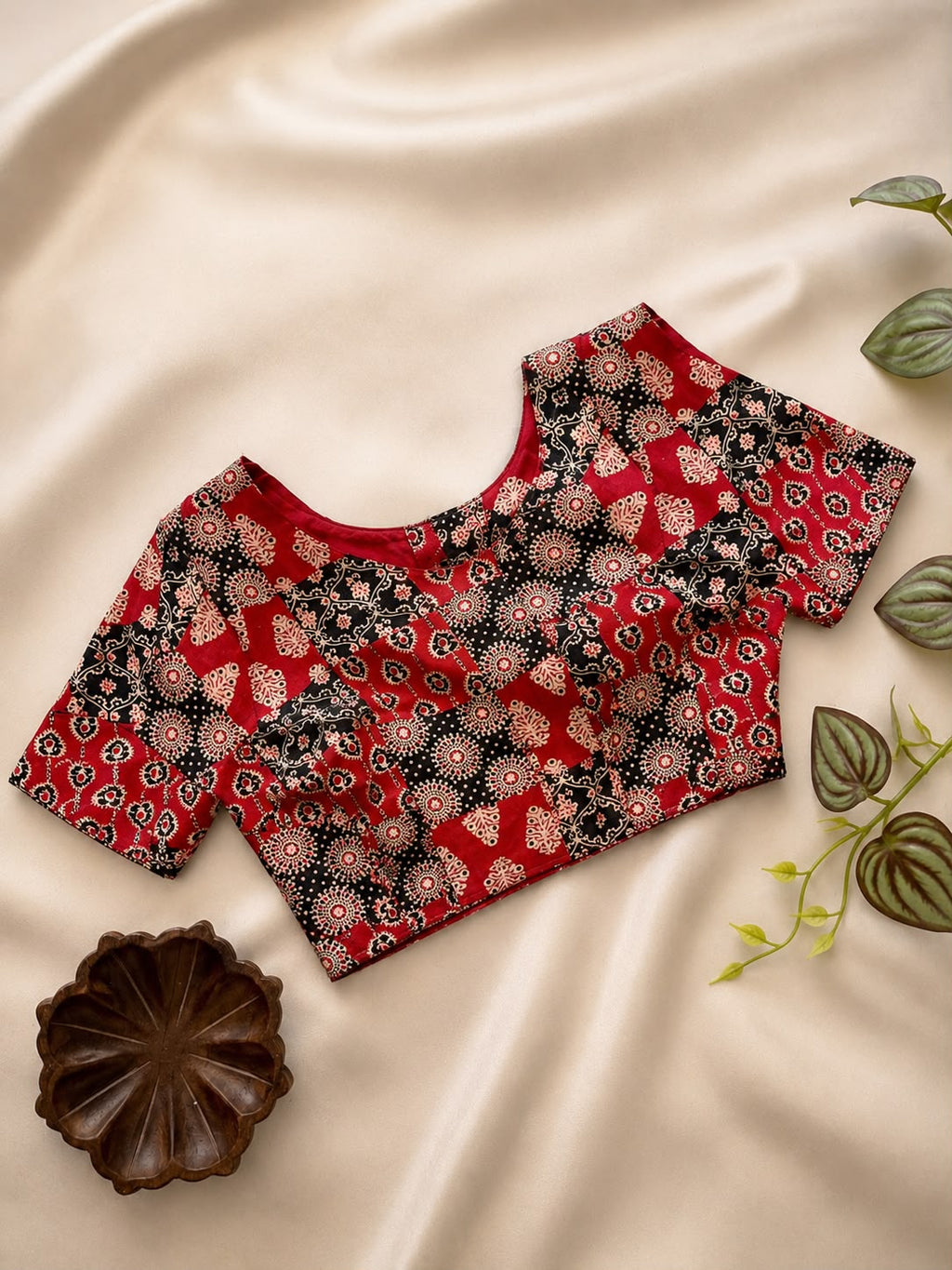 Handloom Khadi Cotton Saree Blouse CF-260 – Red Floral Ajrakh Print