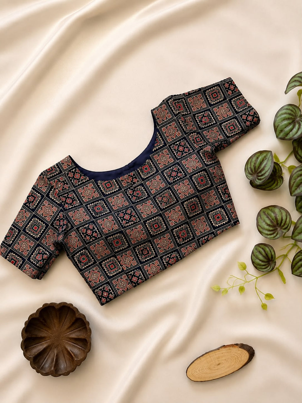 Handloom Khadi Cotton Saree Blouse CF-260 – Navy Geometric Ajrakh Print