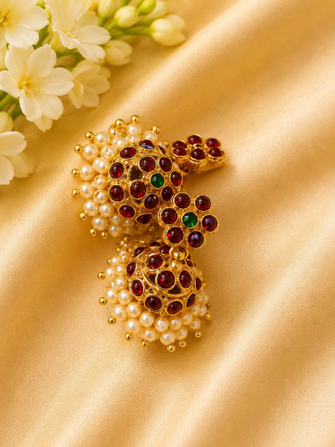 Gold Jhumka Earrings with Gemstones & Pearls