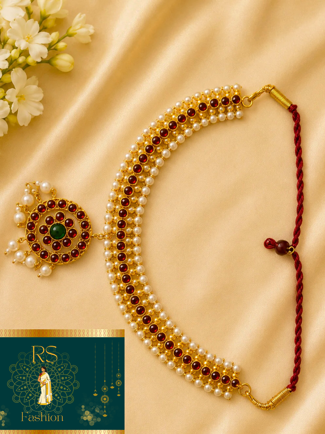 Gold Pearl & Kemp Choker Necklace with Floral Pendant