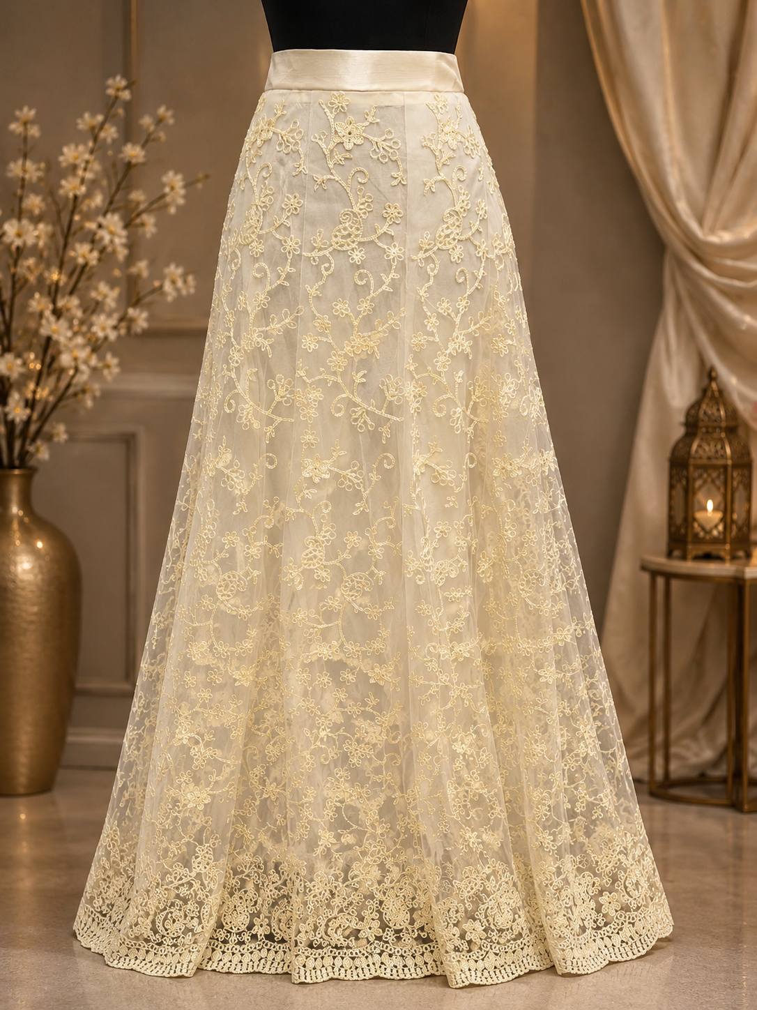 Ivory Embroidered Net Lehenga Set blouse Unstiched