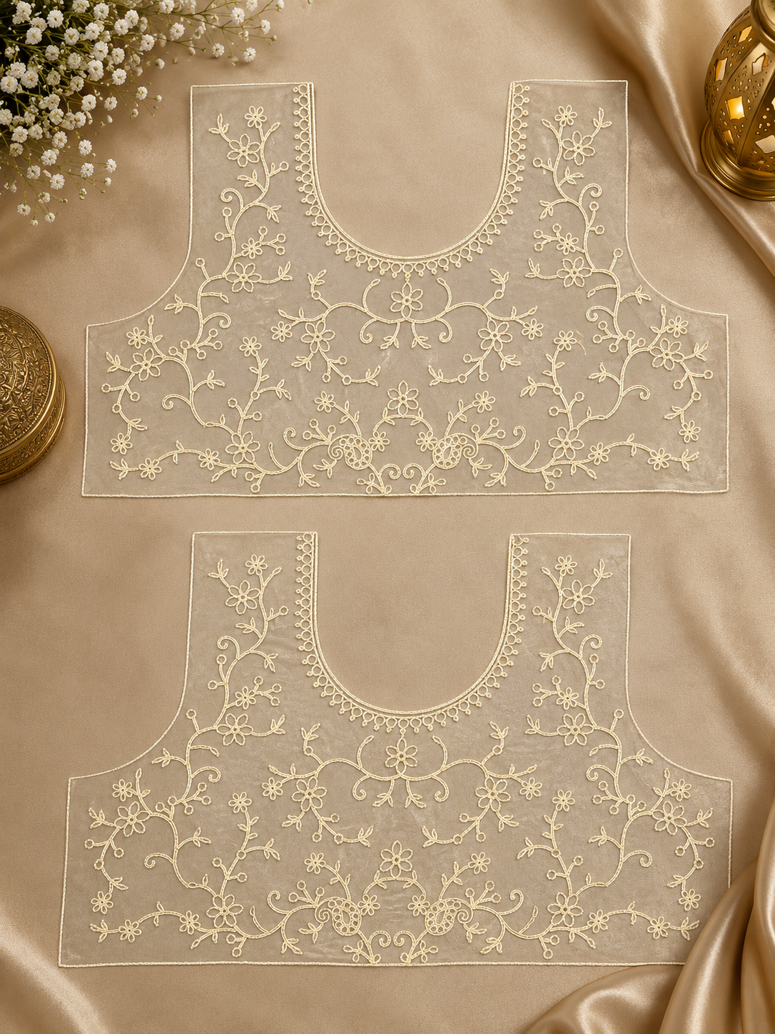 Ivory Embroidered Net Lehenga Set blouse Unstiched