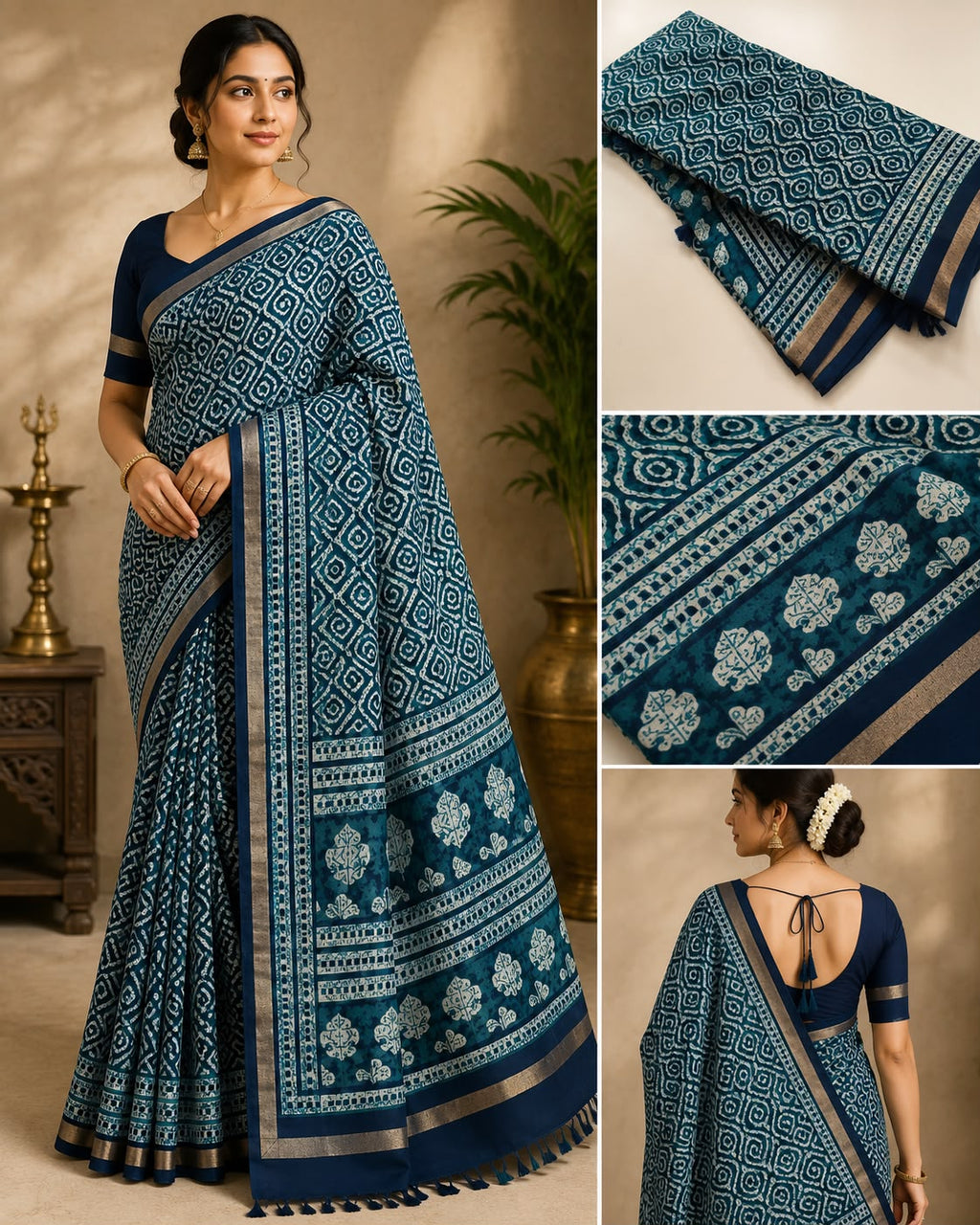 Tussar Silk Saree with Contrast Rich Pallu & Blouse - Teal