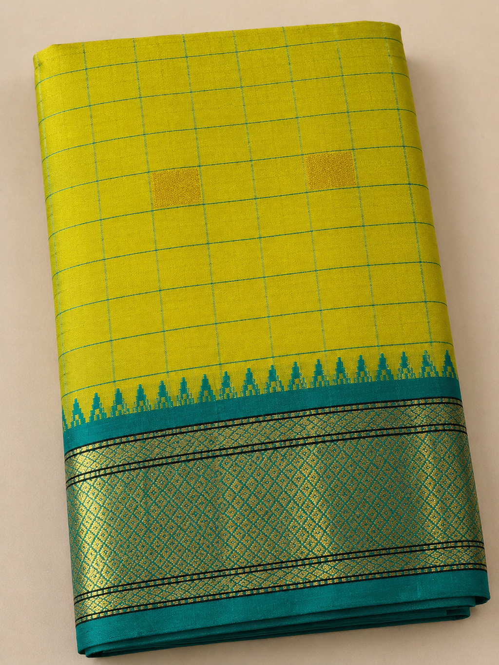 Soft Silk Saree - Lemon Yellow with Teal Border