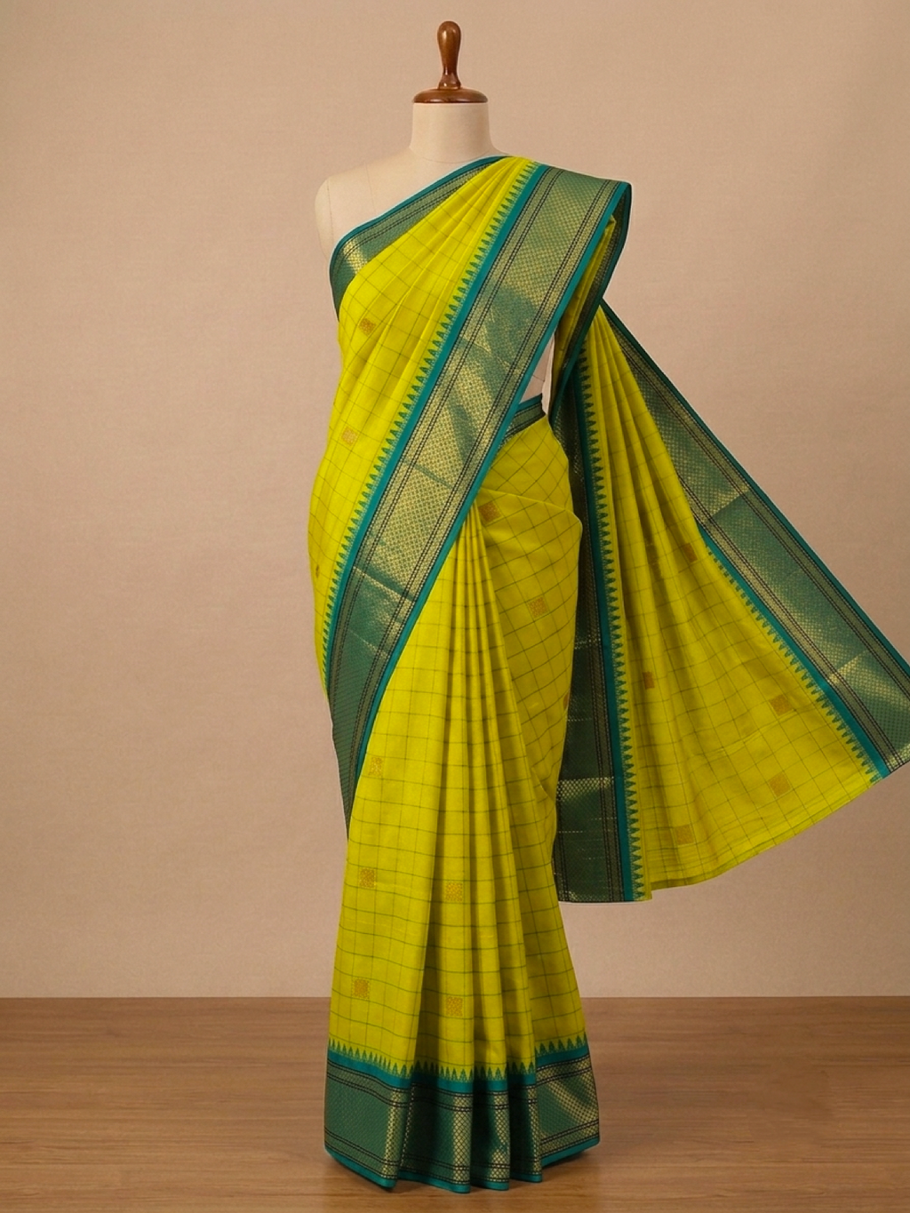 Soft Silk Saree - Lemon Yellow with Teal Border