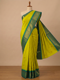 Soft Silk Saree - Lemon Yellow with Teal Border