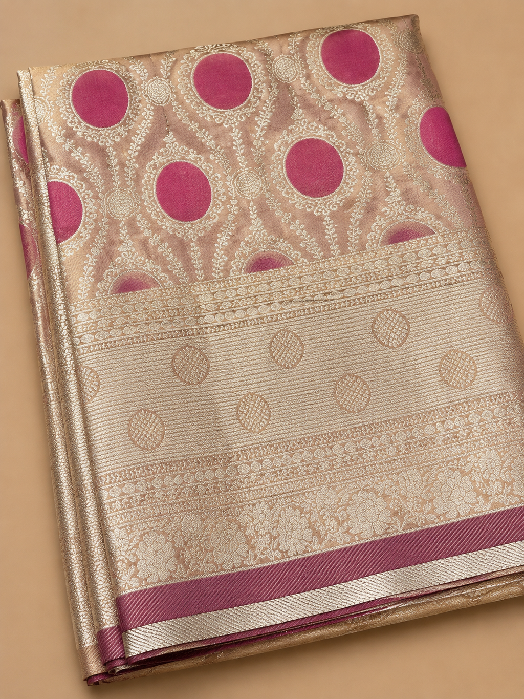 Gold Pink bridal Saree  Silk Saree with Meenakari Buti