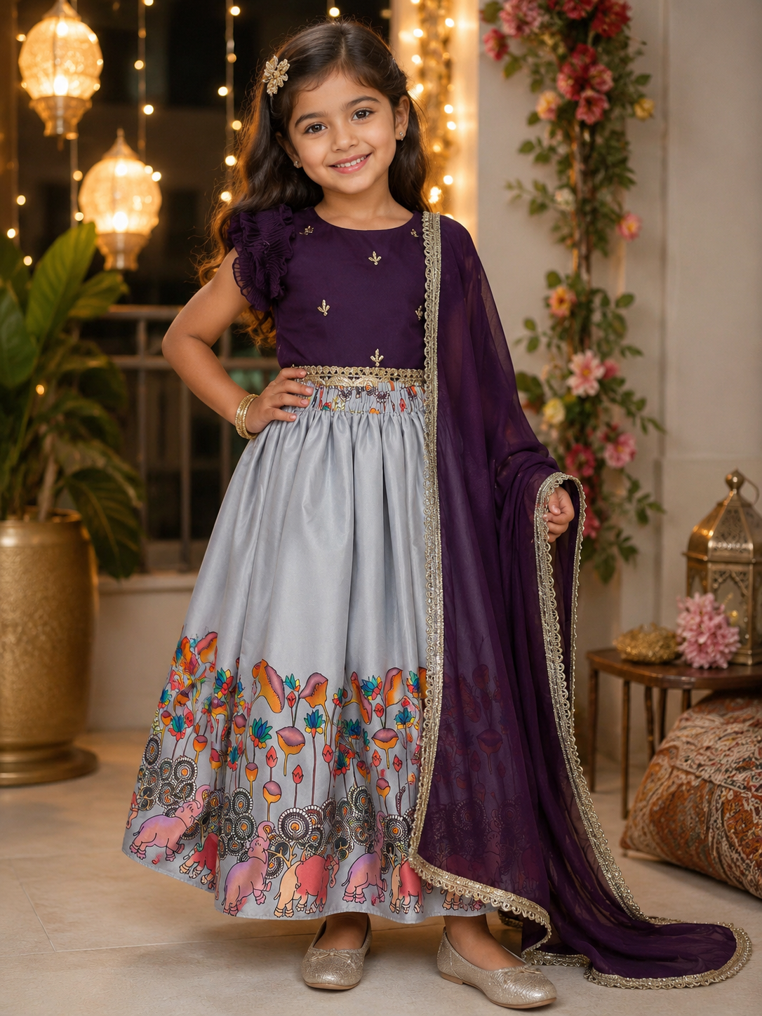Girls Kids Dress  Print Lehenga Set with Dupatta